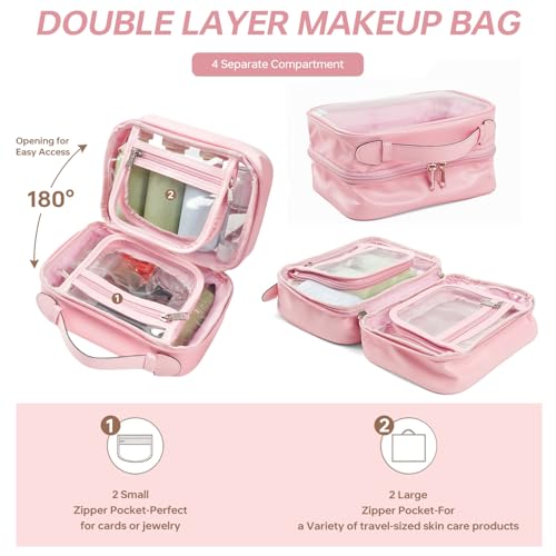 Clear Makeup Bag Toiletry Bag for Women 4 Compartments Travel Cosmetic Case Large Capacity Waterproof Skincare Pouch Organizers with Zippe Deep Pink4