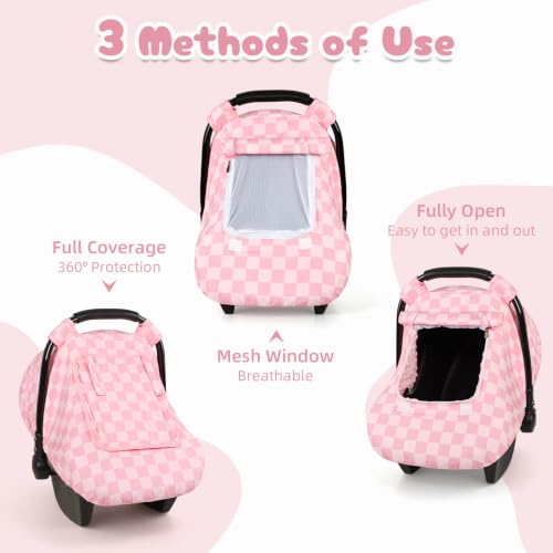 Image of Baby Car Seat Cover with Mesh Window for Boys,Pink Checkered