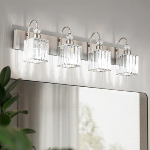 Image of Ralbay Crystal Brushed Nickel Vanity Light for Bathroom 4-Light Modern Bathroom Light Fixtures