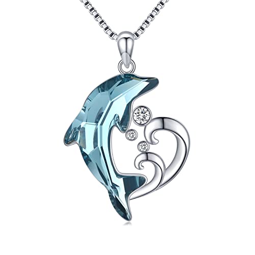 TwoAnts Sterling Silver Dolphin Pendant Necklace with Blue Crystal Dolphin Beach Themed Ocean Wave Jewelry for Women or Daughter's Birthday