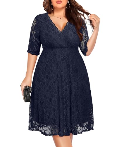 Women's Plus Size Wedding Guest Cocktail Party Semi Formal Lace Wrap V Neck Knee Length Dress2