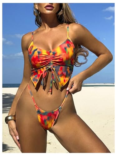 SweatyRocks Women's Tie Dye Thong Bikini Set Drawstring 3 Piece Swimsuit with Cover Up Skirt3