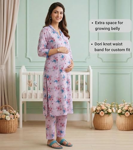 Image of DUMMY SHAPE Maternity Dresses for Women Cotton | Floral Kurta Pant Dupatta Set with Nursing Zippers, Side Pocket | Pre & Post Pregnancy | Feeding Kurti Suit | Baby Shower | Gifts for Pregnant Woman