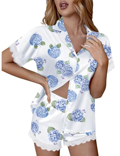 Image of Ekouaer Womens Lace Satin Pajama Set Button Down Pj Shorts Set Bridesmaids Getting Ready Outfits Casual Sleepwear XS-XXL