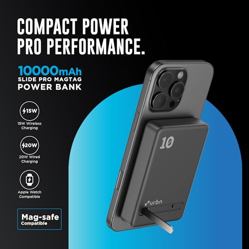 Image of URBN Slide Pro MagSafe 4-in-1 Wireless Power Bank 10000mAh with Kickstand | Designed for iPhone 12+, Apple Watch, AirPods & Qi Devices | MagTag Ring Included (Black)