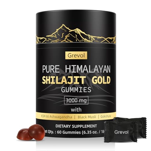 Grevol Himalayan Shilajit Gummies: Gold Grade Shilajit Riched with Ashwagandha Fulvic Acid & 85+ Trace Minerals - No Added Sugar - Individually Wrapped - for Men & Women - 60 Gummy