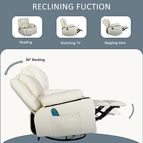 Massage Recliner Chair Leather Glider Rocking Chair With Heating,360 Degree Swivel Single Sofa With 2 Cup Holders & Side Pockets For Nursery Living Room Bedroom And Home Theater,Pu Leather Cream #TOP3