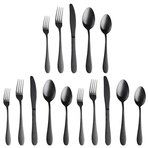Image of aDai Hammered Matte Black Silverware Set | 15-Piece Premium Stainless Steel Flatware Set | Dishwasher Safe Cutlery Set for Home, Restaurant & Gifting