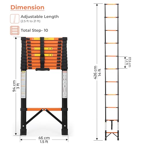 Image of Plantex 4.3m (14.10 ft.) Telescopic Ladder /Carbon Steel 11-Steps Portable & Compact Ladder /Foldable Multipurpose Collapsible Ladder for Home & Outdoor Use - (Orange)
