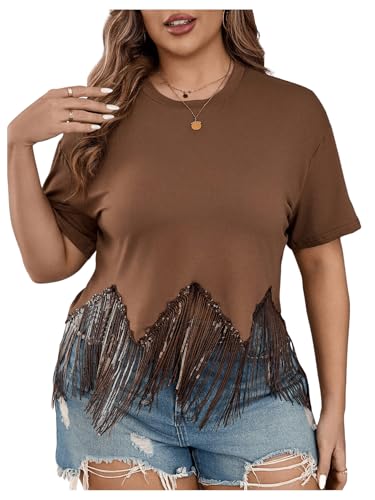 SHENHE Women's Plus Size Fringe Top Sequin Short Sleeve Western Rave Crop Tops Tshirt
