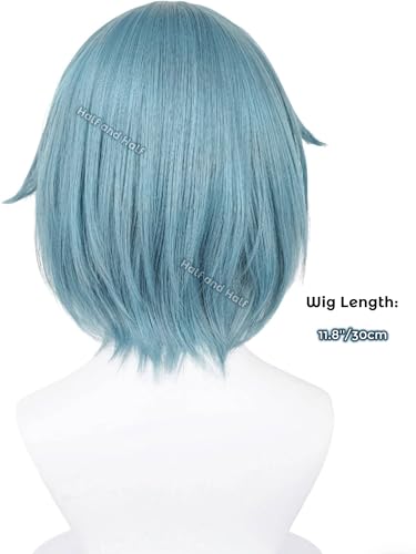 Image of Half and Half Sayaka Miki Cosplay Wig Short Blue Bob Anime Wig with Bangs Dark Teal Wigs Synthetic Fiber Hair for Women Halloween Party