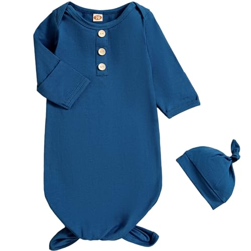 Image of AMAWMW Newborn Baby Boys Girls Cartoon Sleeper Gown Long Sleeve Mountain Nightgown Hat Outfits