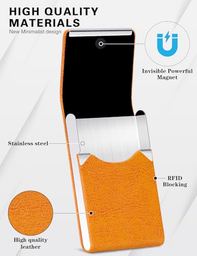 Image of Padike Professional Business Card Holder PU Leather Business Card Case Name Card Holder Slim Metal Pocket Card Holder with Magnetic Shut (Z-Orange)
