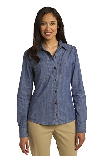 Ladies Patch Pockets Classic Cotton Denim Long Sleeve Button Up Shirt - 2XL