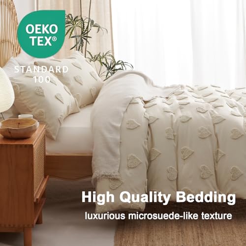Image of Boho Tufted Comforter Set Queen Size Beige Heart Textured Bedding Set 3 Pieces Farmhouse Shabby Chic Embroidery Bed Set Soft Jacquard Comforter for All Season with 2 Pillowcases