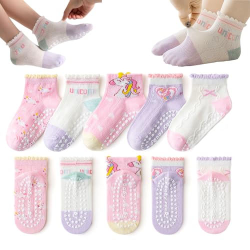 Baby Girls Toddler Socks With Grippers,5 PCS Cute Ruffle Summer Mesh Socks Frilly Dress Baby Crew Socks 1-8 Years