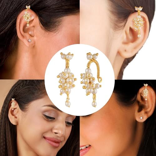 Image of VAMA FASHIONS 18K Gold Plated Anti Tarnish Half Moon Peacock Shape Traditional Maharashtrian Press on Bugadi Upper Ear Clip on Earrings For Women & Girls