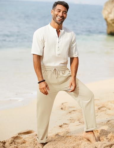 Image of iWoo Linen Pants Men Casual 2025 Summer Beach Elastic Drawstring Waist Yoga Pants Travel Baggy Work Pant Pajama