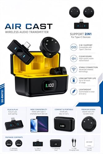 Image of Air Cast SG-RM731 Wireless Microphone, 10Hr Battery 2.4G, 2-in-1 Type-C Receiver, ANC, No Delay, Lossless Audio, Digital Display, with Charging Case