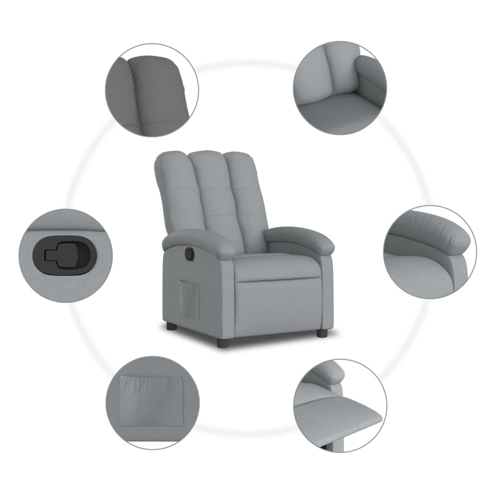 Fotel relaksacyjny, jasnoszary, materiał z regulowanym oparciem i podnóżkiem, ergonomiczne siedzisko z tapicerką, drewniany metalowy stelaż, idealny do salonu, biura, czytania i relaksu