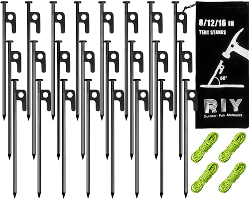 RIY Tent Stakes Heavy Duty 8 inch Metal Tent Pegs for Camping Steel Tent Stakes Inflexible and Unbreakable-24 PCS