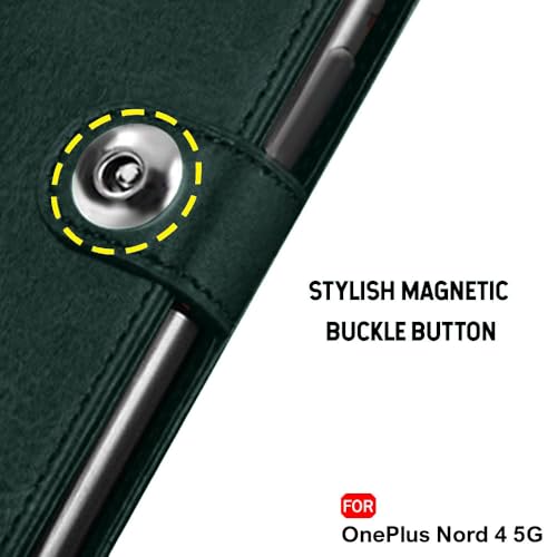 Image of TheGiftKart Genuine Leather Finish Flip Back Cover Case for OnePlus Nord 4 5G | Inbuilt Pockets & Stand | Wallet Style | Designer Button | Flip Cover Back Case for OnePlus Nord 4 (Faux Leather, Green)