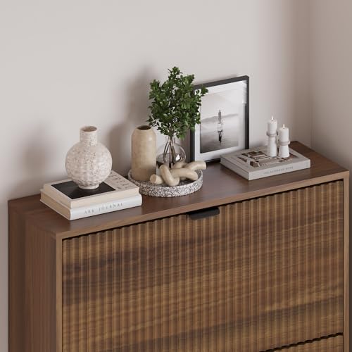 Image of BORNOON Entryway Shoe Cabinet with 3 Flip Drawers, Narrow Shoe Organizer Cabinet with Fluted Panel and Adjustable Shelves for Foyer, Hallway