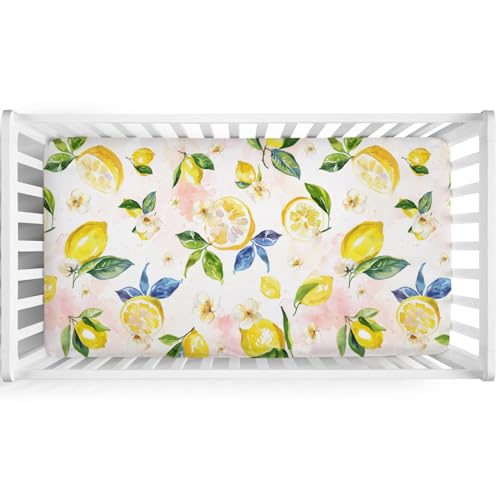 Image of Watercolor Lemons Leaves Baby Crib Sheets 52''x28'' Summer Lemon Boho Flowers Leaves Stretchy Fitted Crib Mattress Sheet for Boy Girl Fruits Soft Baby Sheets for Standard Crib and Toddler Mattresses