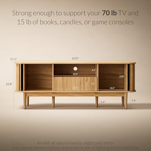 Image of Furniway Modern TV Stand for 45 /55 /70 inch TV, Entertainment Center with Sliding Doors and Storage, Wood TV Stand for Bedroom, Living Room, Natural