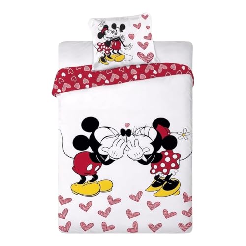 Parure de Lit Minnie et Mickey Housse de Couette Licence Réversible avec Taie d'oreiller, 2 Pièces (140x200 cm + 63x63 cm), 1 Personne (Parure Minnie Friends)
