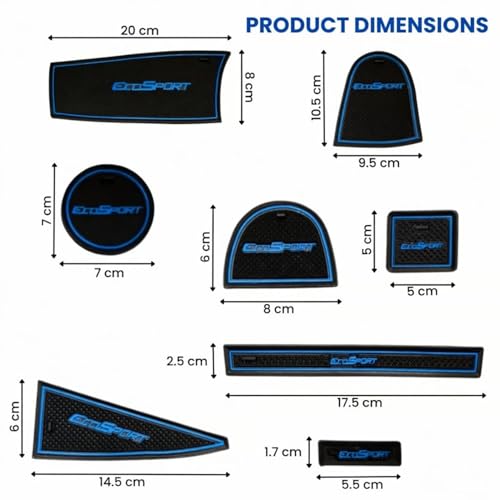 Image of Car Drome | Door Cup Mat Set for Ford EcoSport 2018 to 2021 Models Only | Premium Non Slip Rubber Inserts | Custom Fit 13 Pieces | Blue Trim Interior Car Accessories | Dustproof Waterproof