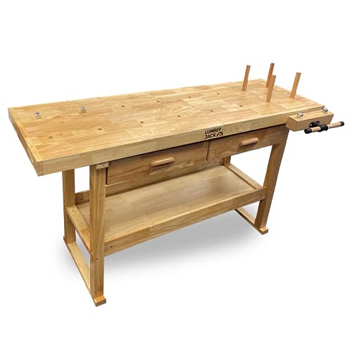 LUMBER JACK WB1520D2 Heavy Duty Hardwood Workbench with 7” Vice, Felt-Lined Drawers, Side Work Clamp, Metal Bench Stops & Bottom Storage Shelf, 1520mm x 620mm, Woodworking Bench