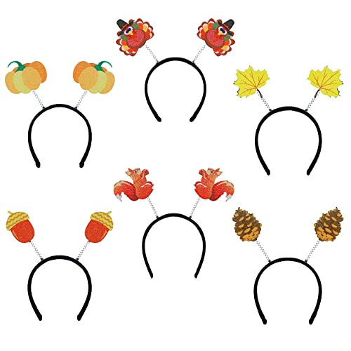 Whaline 6Pcs Thanksgiving Head Boppers Pumpkin Turkey Maple Leaf Acorn Squirrel Pine Cones Thanksgiving Headband Decorations Costume Boppers for Boys Girls Fall Thanksgiving Party Costume Accessories