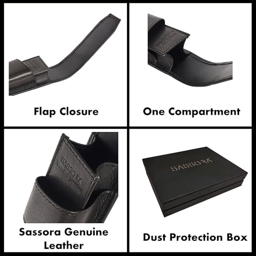 Image of Sassora Premium Genuine Leather Pen Holder Case | Elegant Black Pen Organizer for Professionals | Slim Travel-Friendly Design | Unisex Gift Box Included