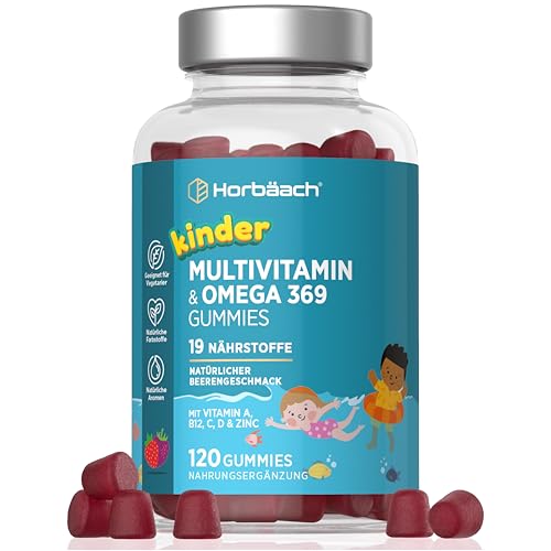 Multivitamin Gummibärchen für Kinder mit Omega 3 6 9 | 19 wichtige Nährstoffe mit Jod Vitamin C E D3 B6 B7 B12 | 120 Vegetarier Gummies | Beerengeschmack | Horbaach