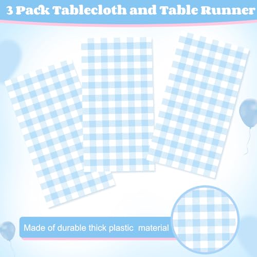 Image of Ganeen 3 Pcs Blue and White Checkered Tablecloths Disposable Plastic Gingham Table Cloths Waterproof Rectangle Plaid Table Cover for Parties Wedding Picnic Camping Birthday Party Decor, 54 x 108 Inch