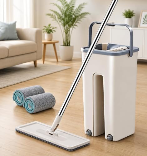 Image of Mop Heavy Quality Floor Mop with Bucket, Flexible Kitchen tap Flat Squeeze Cleaning Supplies 360 Flexible Head /2 Reusable Pads Clean Home Floor Cleaners