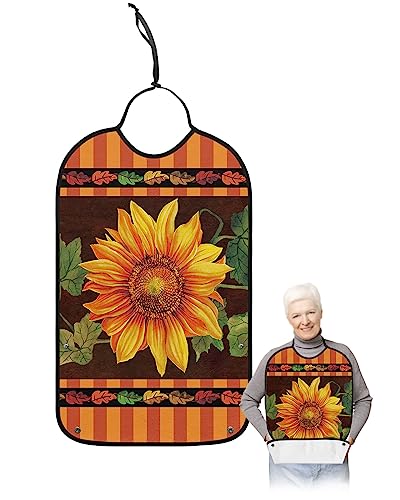 Sunflower Adult Bibs for Eating, Waterproof Bibs with Food Catcher & Adjustable Snap Closure, Spring Floral Farmhouse Rustic Leaves Washable Clothing Protectors Adult Bibs for Elderly Women/Men