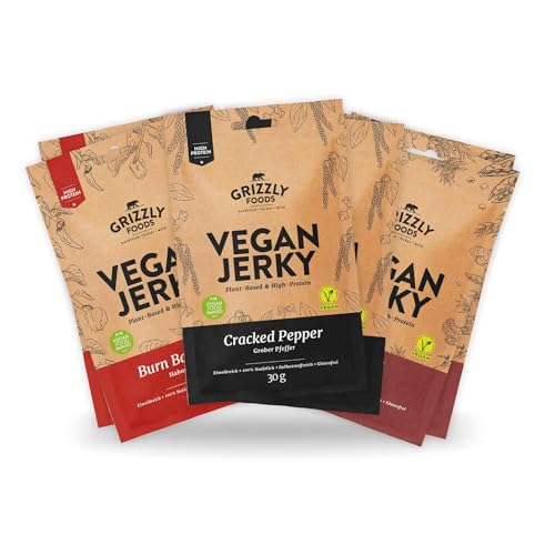 Grizzly Foods • Vegan Jerky 3 Sorten Probierset (6 x 30g) • Pflanzliches Beef Jerky • Veganes Trockenfleisch • High Protein Snack • Ideal für Unterwegs, Büro, Sport