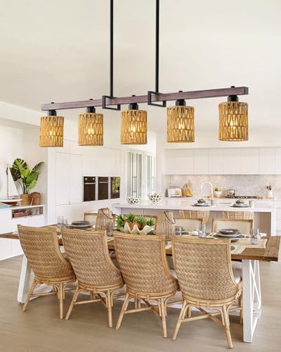 Rjieoc 5-Light harmhouse Kitchen Island Light Fixture, Linear Chandelier for Dining Room, 5-Light Rustic Pendant Light Over Table, Handmade Woven Farmhouse Wicker Chandelier - image 6