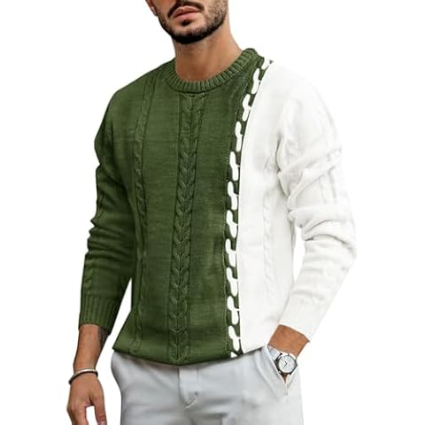 Makkrom Mens Casual Pullover Sweater Winter Color Block Ribbed Knitted Twist Patterned Long Sleeve Sweaters Army Green Cover