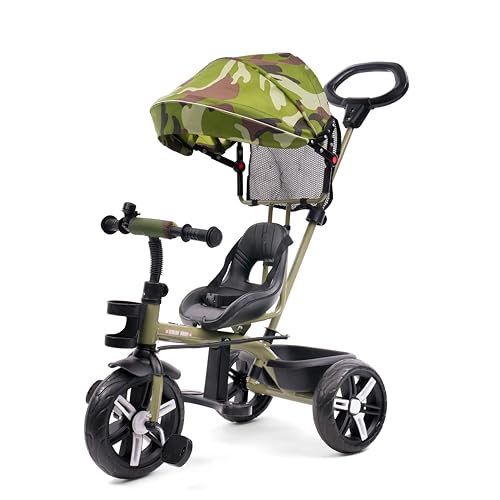 Image of Luusa Elite Pro 4-in-1 Kids Tricycle with Parent Push Handle, Adjustable Canopy, Safety Seat with Seat Belt, Storage Basket & Cup Holder | Toddler Trike for 1-4 Years Boys & Girls (Green)