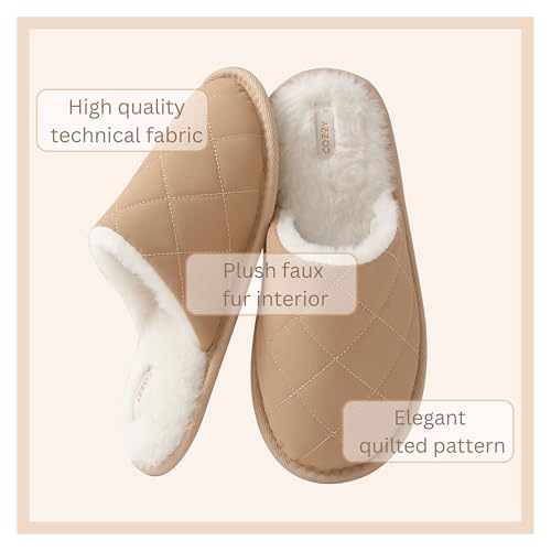 COZZY women’s faux fur slippers with chic quilted technical fabric exterior, warm and cozy slip on indoor outdoor women's slippers with memory foam and anti-slip sole for everyday2