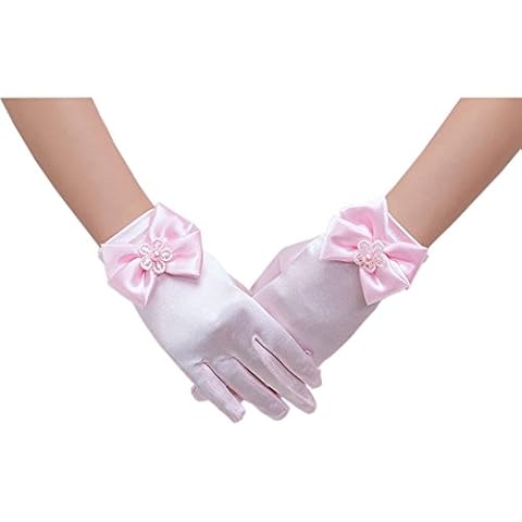Deceny CB Short Flower Girls Gloves for Wedding Satin Gloves for Girls Princess Gloves (Pink) Cover