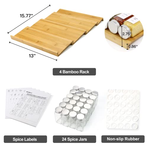 Kithero Spice Drawer Organizer With 24 Spice Jars And 216 Labels,Non-Slip Rubber, Bamboo 4 Tier Spice Racks Tray Seasoning Containers For Kitchen Drawers,Cabinets,Countertops,13" Wide * 15.8" Deep #TOP2