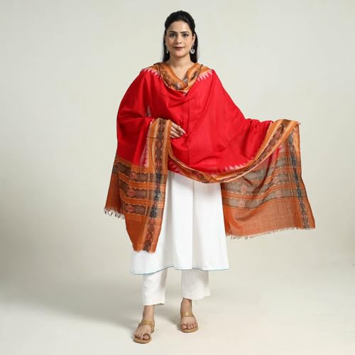 Image of Cotton Dupatta with weaving and Ikat woven border from the Weavers Stole for Girls & Women