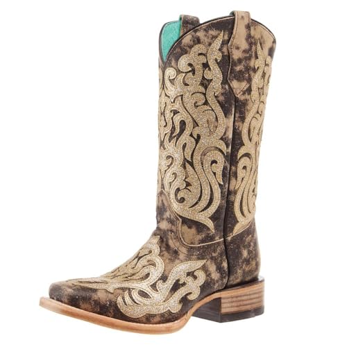 Corral Brown Glitter Embroidery And Overlay Square Toe Boot