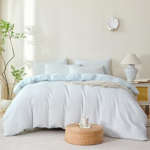 Image of Cornflower Blue Striped Comforter Set Queen - 3 Pieces Bedding Comforter Set for All Season, Soft Lightweight Washed Microfiber, 1 Striped Comforter and 2 Pillowcases (Blue, Queen Size)