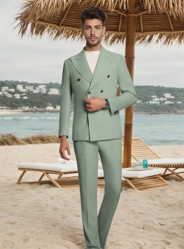 Mens Linen Suit 2 Piece, Mens Double Breasted Suit Tuxedo Slim Fit Linen Suits for Men Wedding Prom Summer Beach3