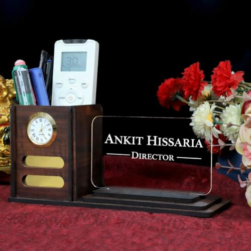 Image of Zesta Wooden Desk Organizer Pen Stand Remote Holder Card Slot | Table Accessory Office Desk Study Room | Pencil Storage Stand Stylish Workspace Decor (Custom Organiser)